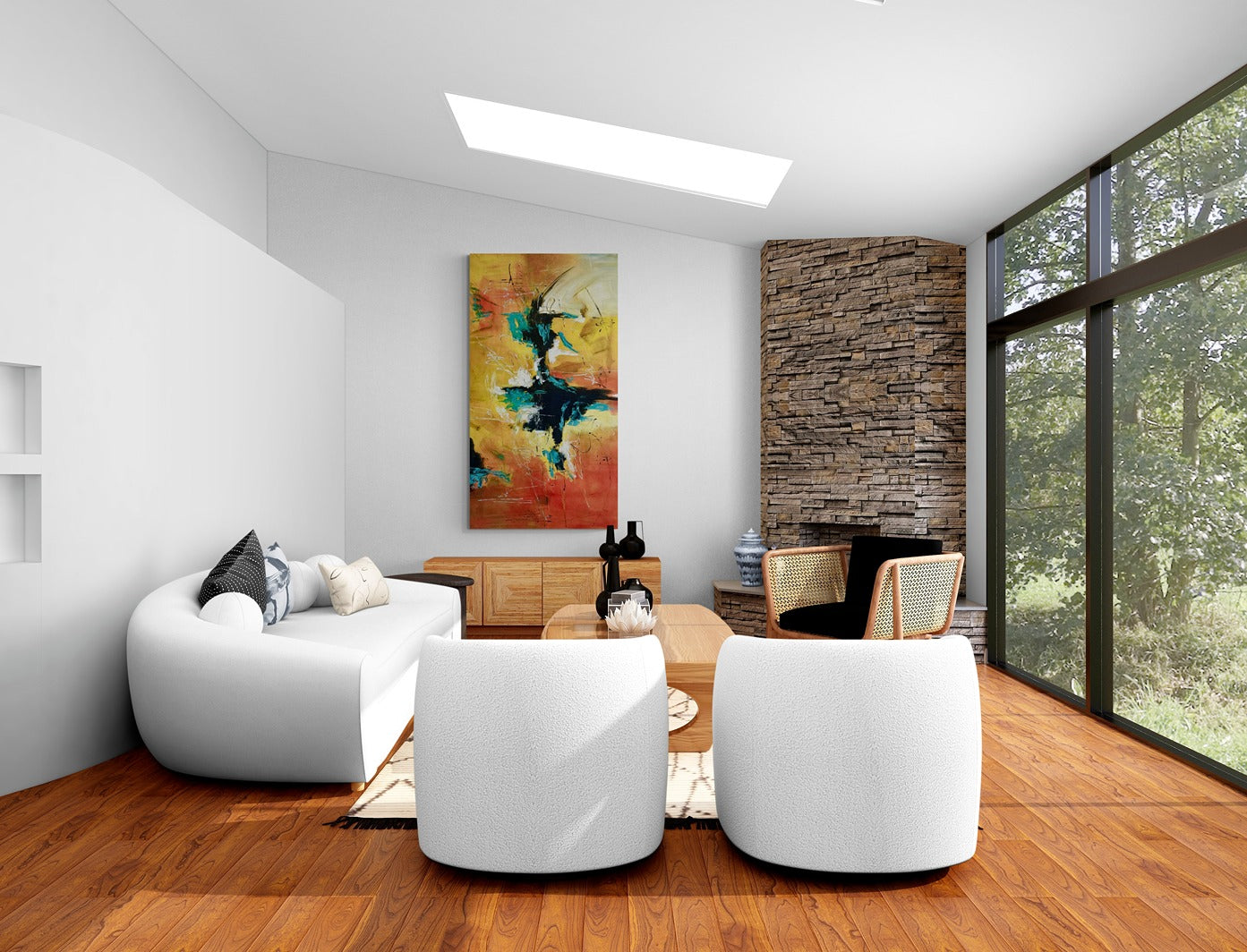 Original hand-painted abstract canvas wall art enhances the modern living room with scenic views, adding artistic vibrancy to the space.