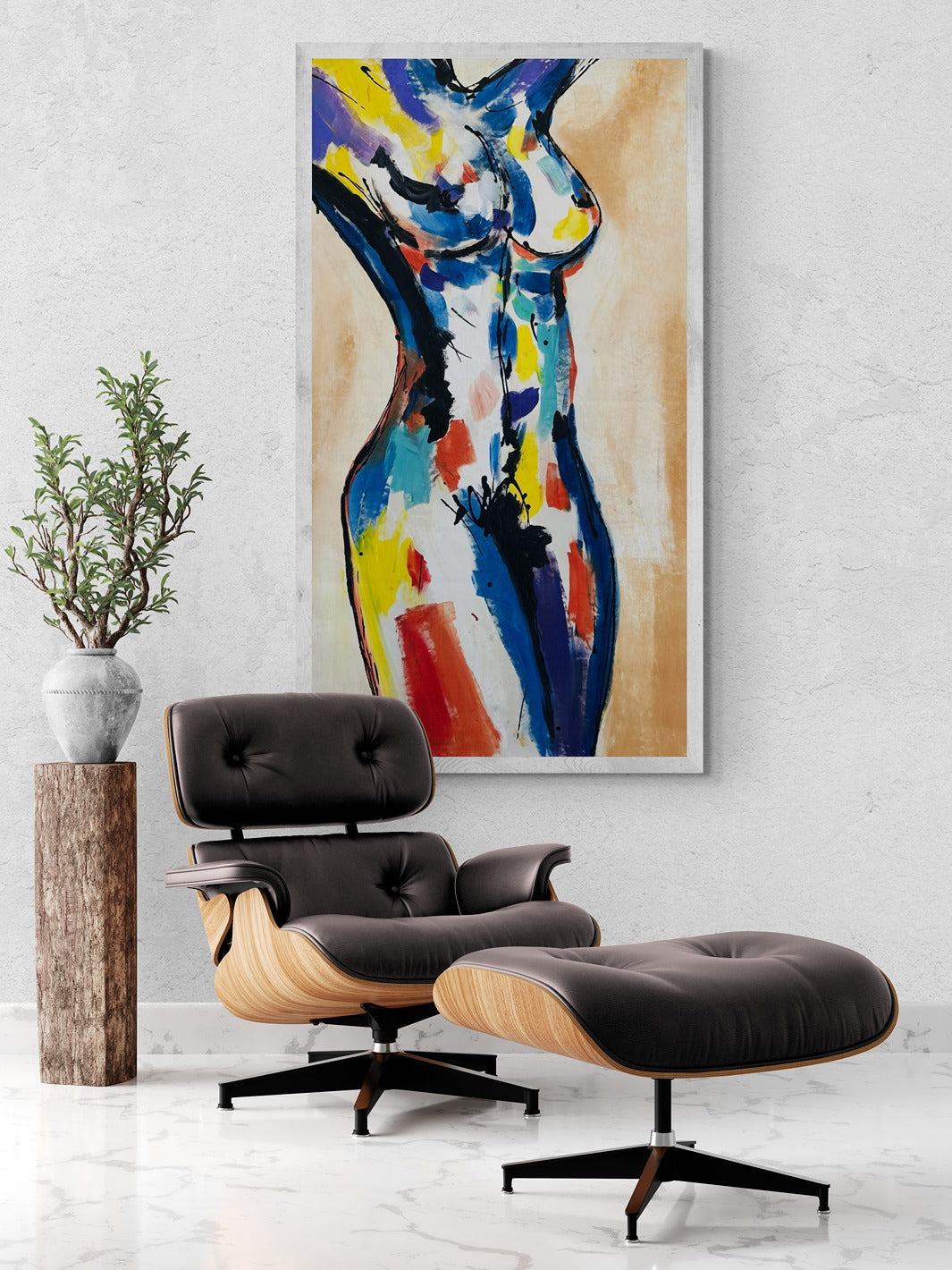 Original hand-painted abstract canvas wall art enhances the ambiance of a room featuring a fancy chair with a footstool, adding artistic elegance to the space.