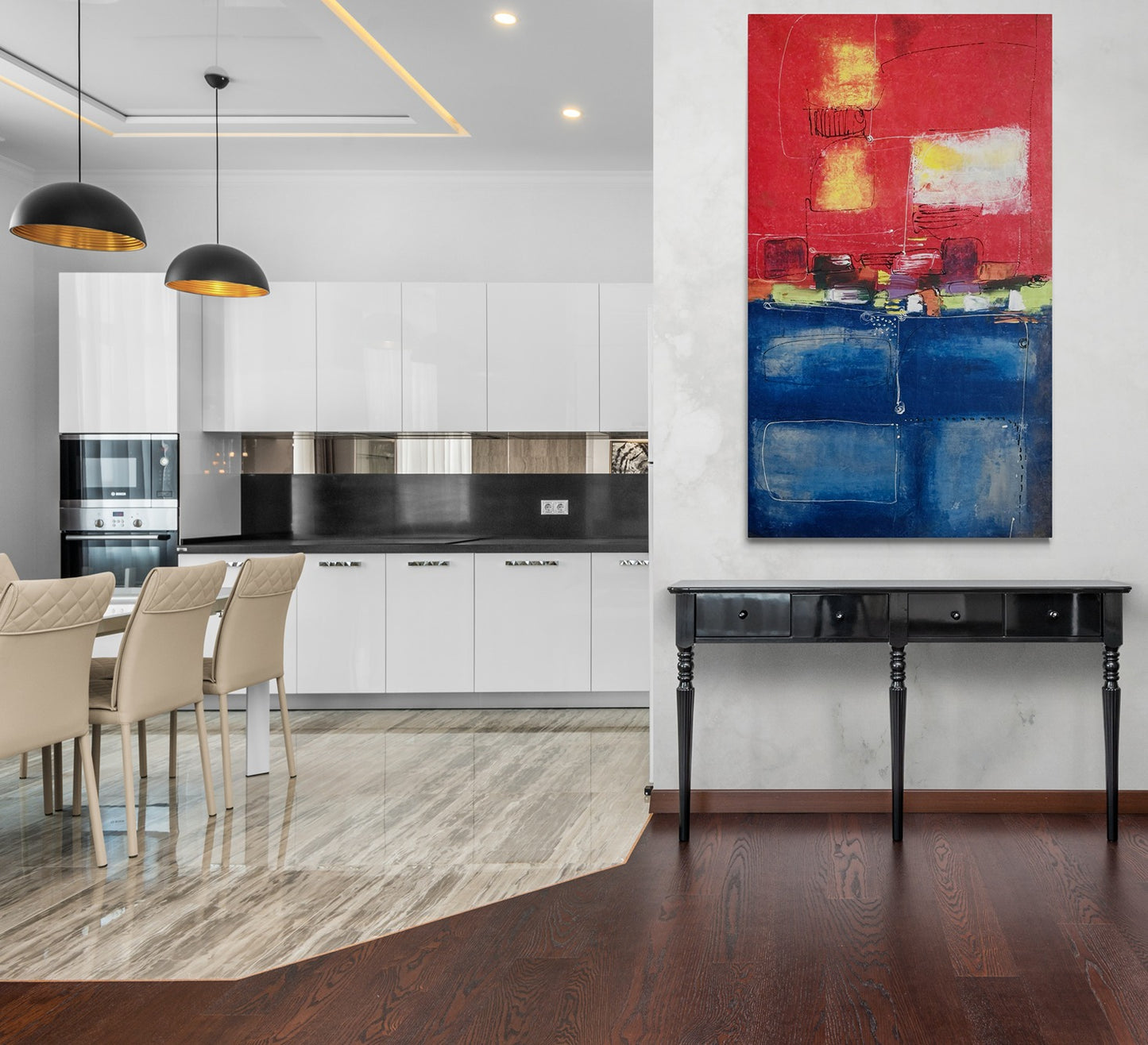 Enhancing the vintage-inspired kitchen, original hand-painted abstract canvas wall art stands gracefully beside a rustic cabinet, adding a touch of artistic allure to the space.