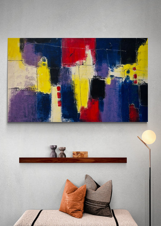 Original hand-painted abstract canvas wall art creatively positioned above a wooden shelf seat, adding character and color to the space.
