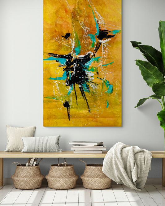 Sitting room with bench seat and tropical plant featuring large hand-painted abstract wall art.