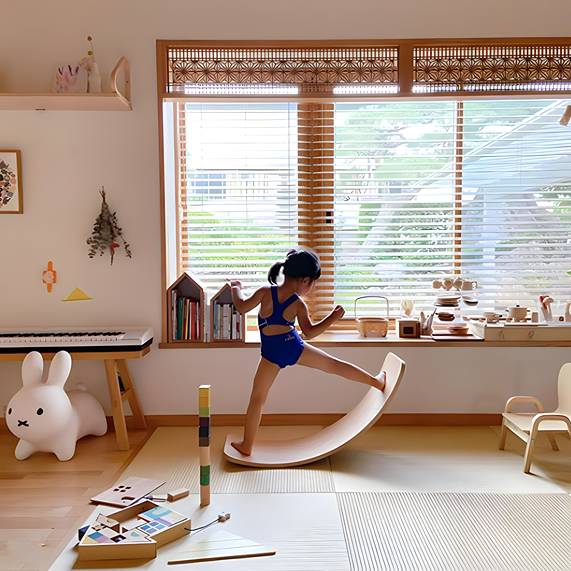 Image: Versatile balance board for family fitness and fun. Enhances balance, core strength, and upper body workouts for adults. Kids enjoy sensory exploration and play, while babies and toddlers benefit from standing practice and sensory play.