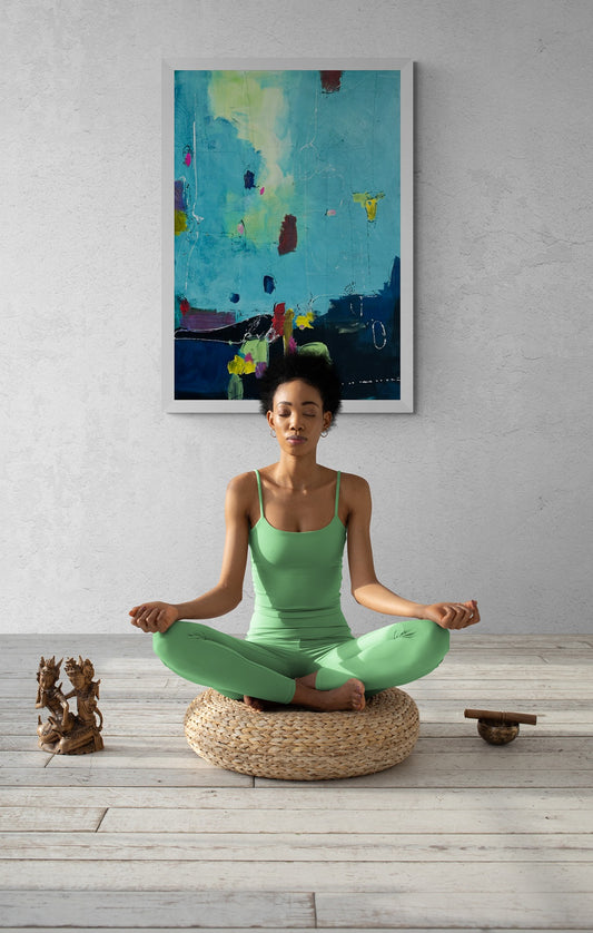 Illustration of a serene women meditating in a living room adorned with colorful wall art, creating a calming environment for relaxation and well-being