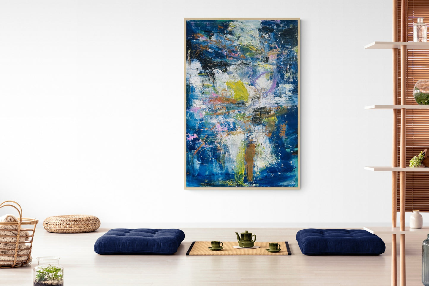 A large abstract wall art piece in a Japanese-style dining room interior.