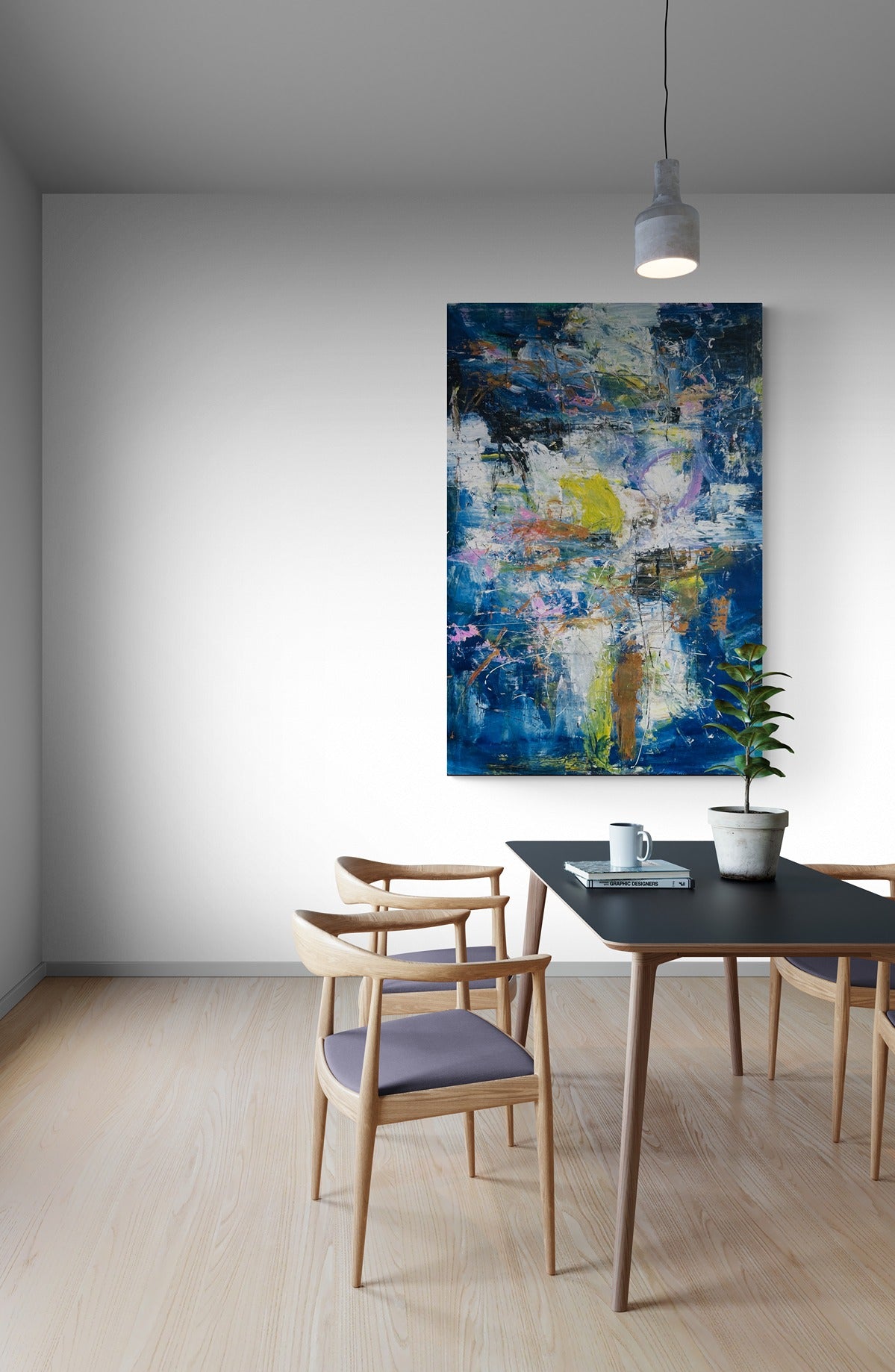 A large painting in a minimalist dining room with a potted plant.