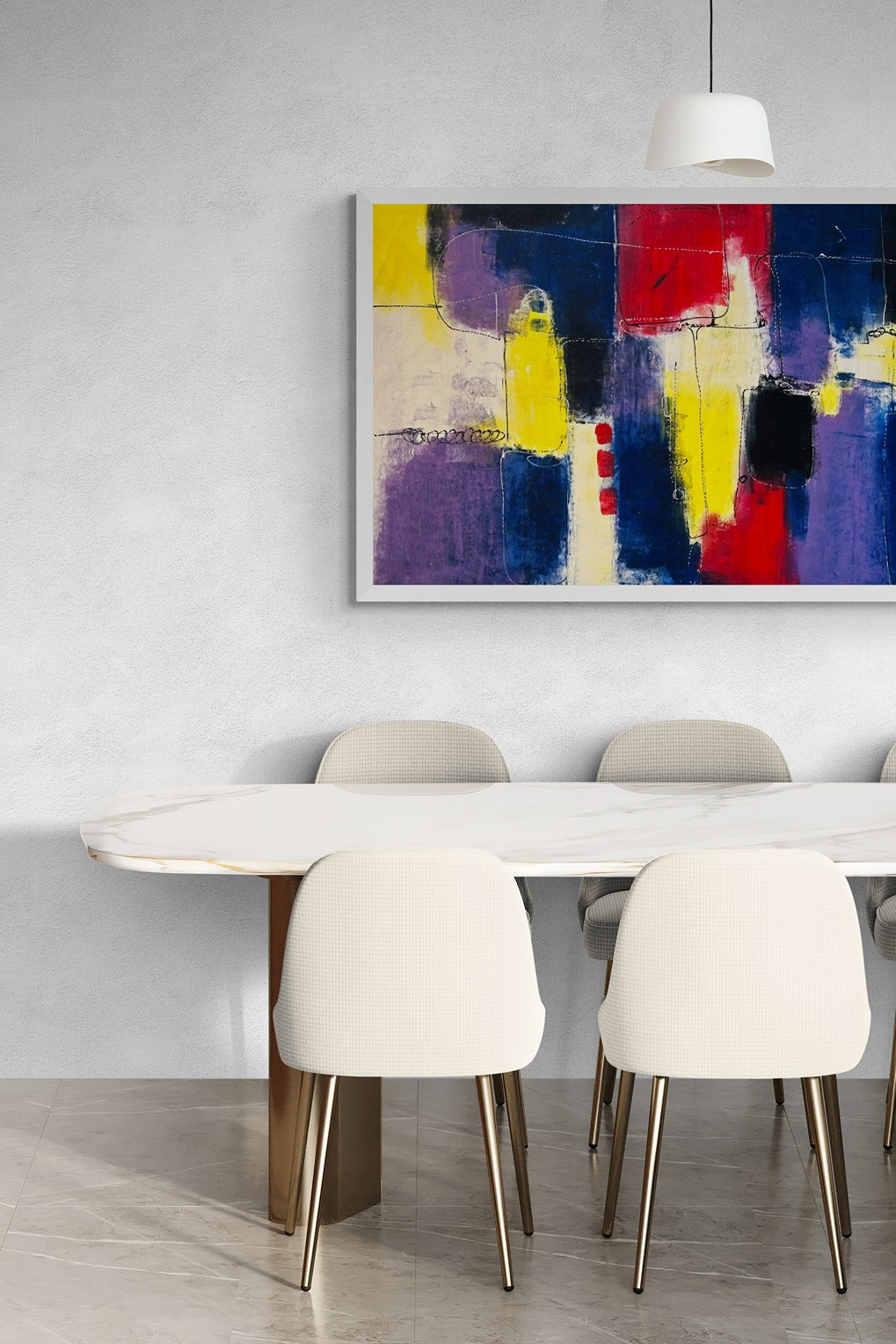 Original hand-painted abstract canvas wall art enhances the ambiance of a sophisticated dining room with a marble table, adding elegance and creativity to the space