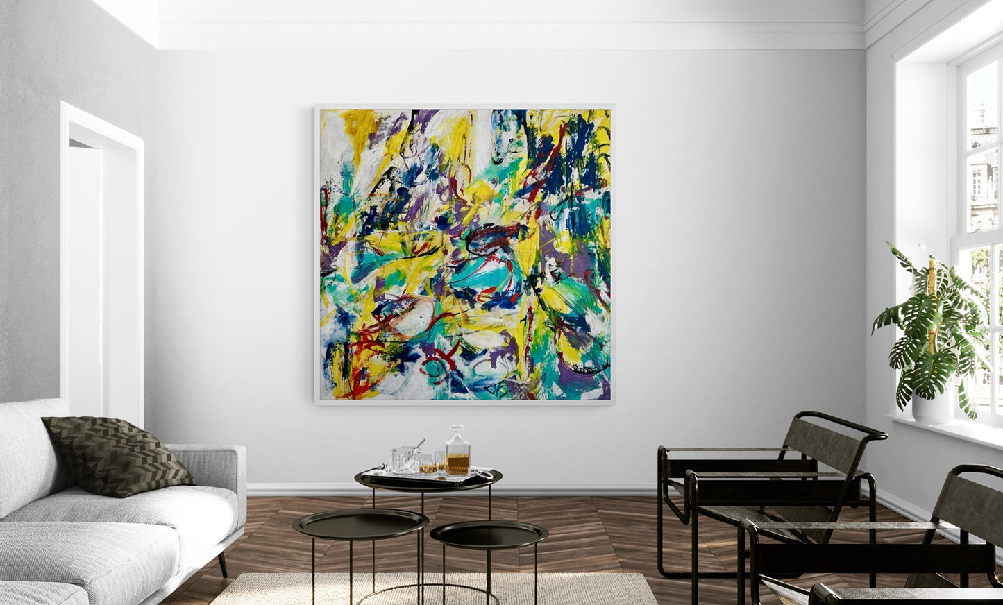 Big hand-painted wall art in a sitting room illuminated with soft natural light