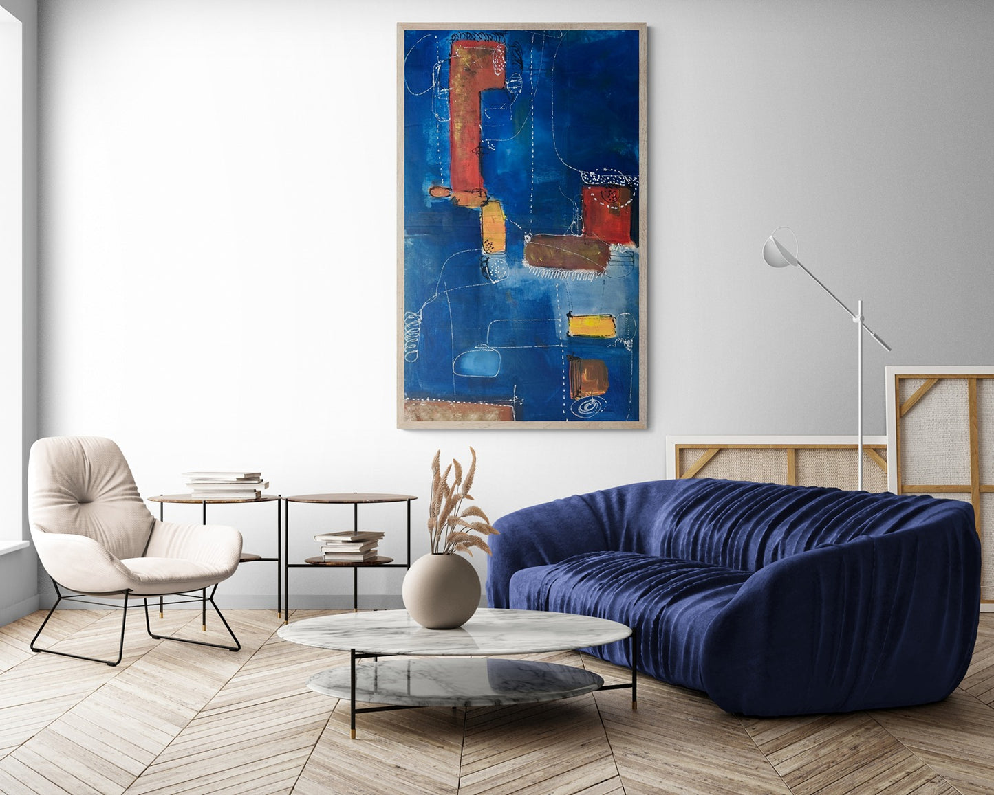 Bright modern living room interior with abstract hand-painted wall art.