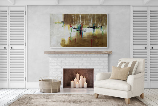 Framed abstract canvas wall art brings character to the cosy, warm living room with a fireplace, creating an inviting and stylish ambiance.