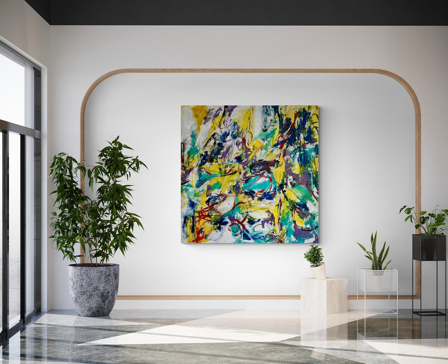 Hand-painted abstract wall art in a lobby with a feature wall and plants