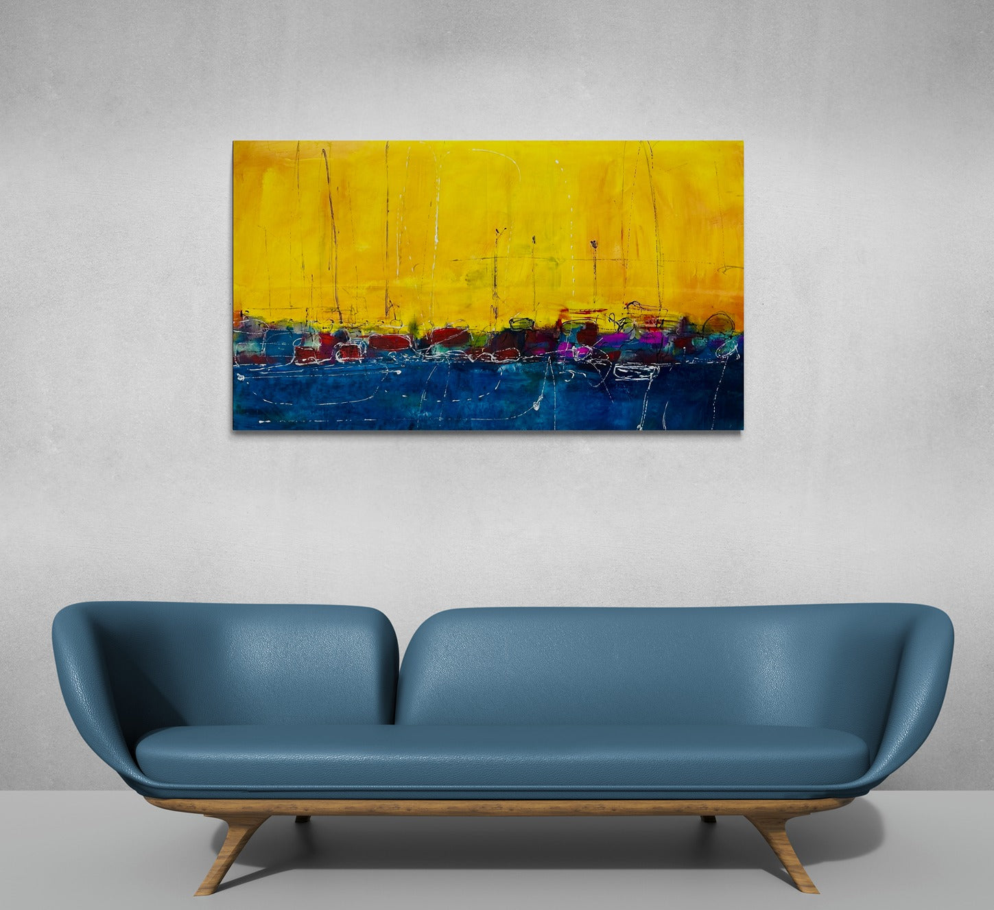 Large canvas wall art complements the modern curved leather sofa, adding an artistic touch to the contemporary living space.