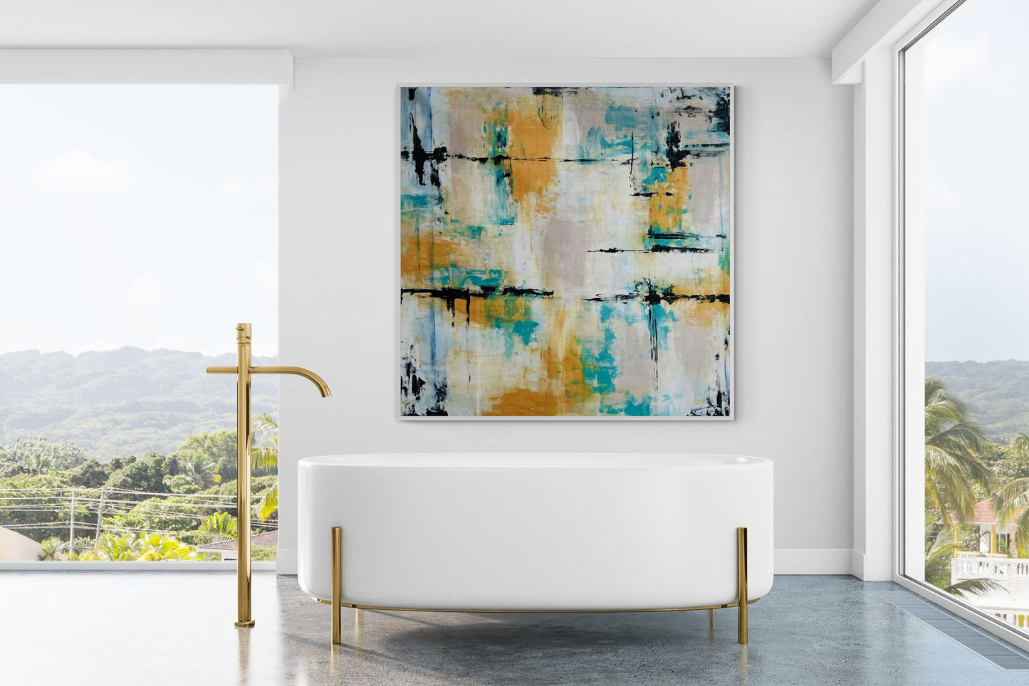 Large hand-painted wall art in a modern bathroom with an elevated tropical view