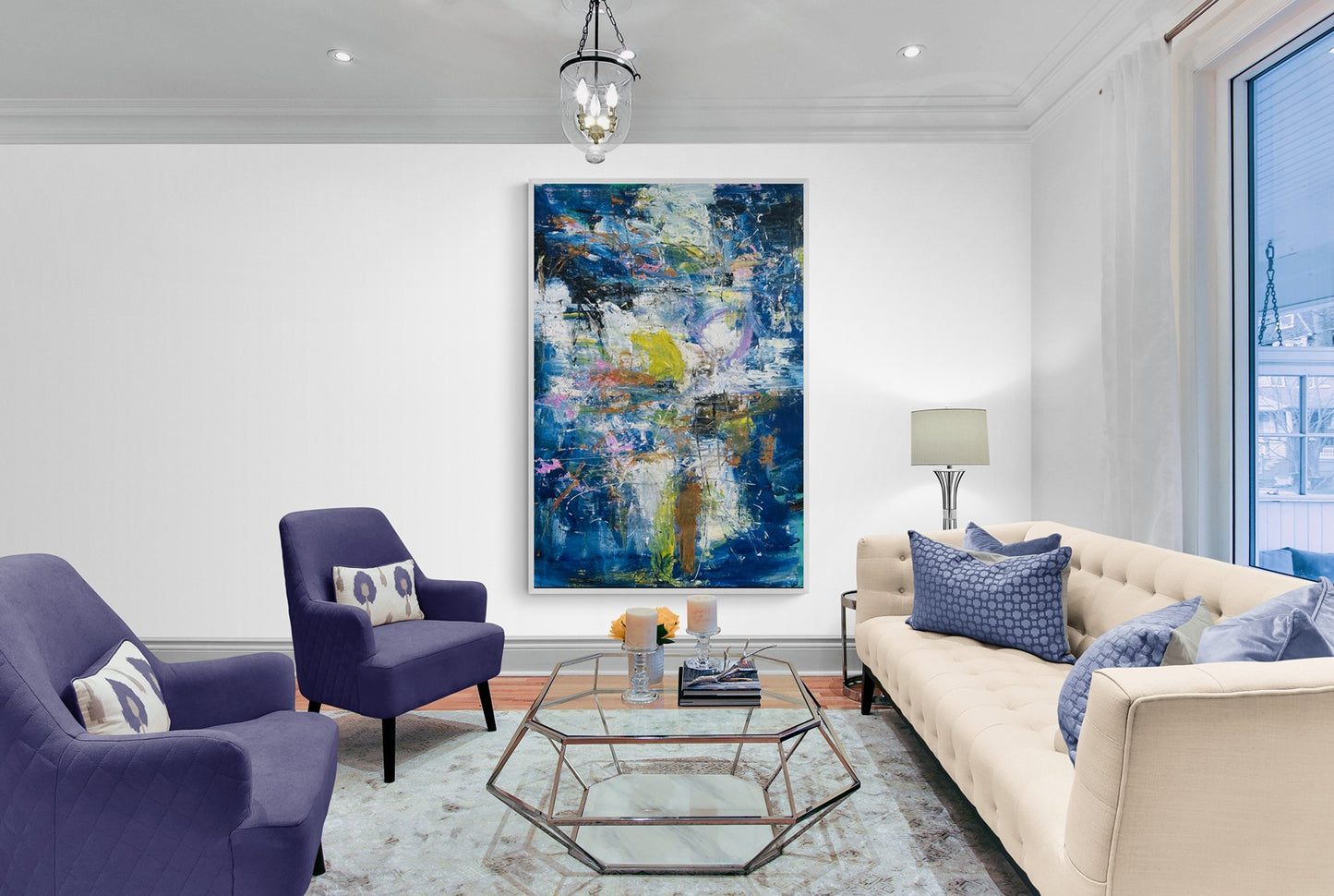 A large abstract wall art piece in a comfy traditional-style living room.