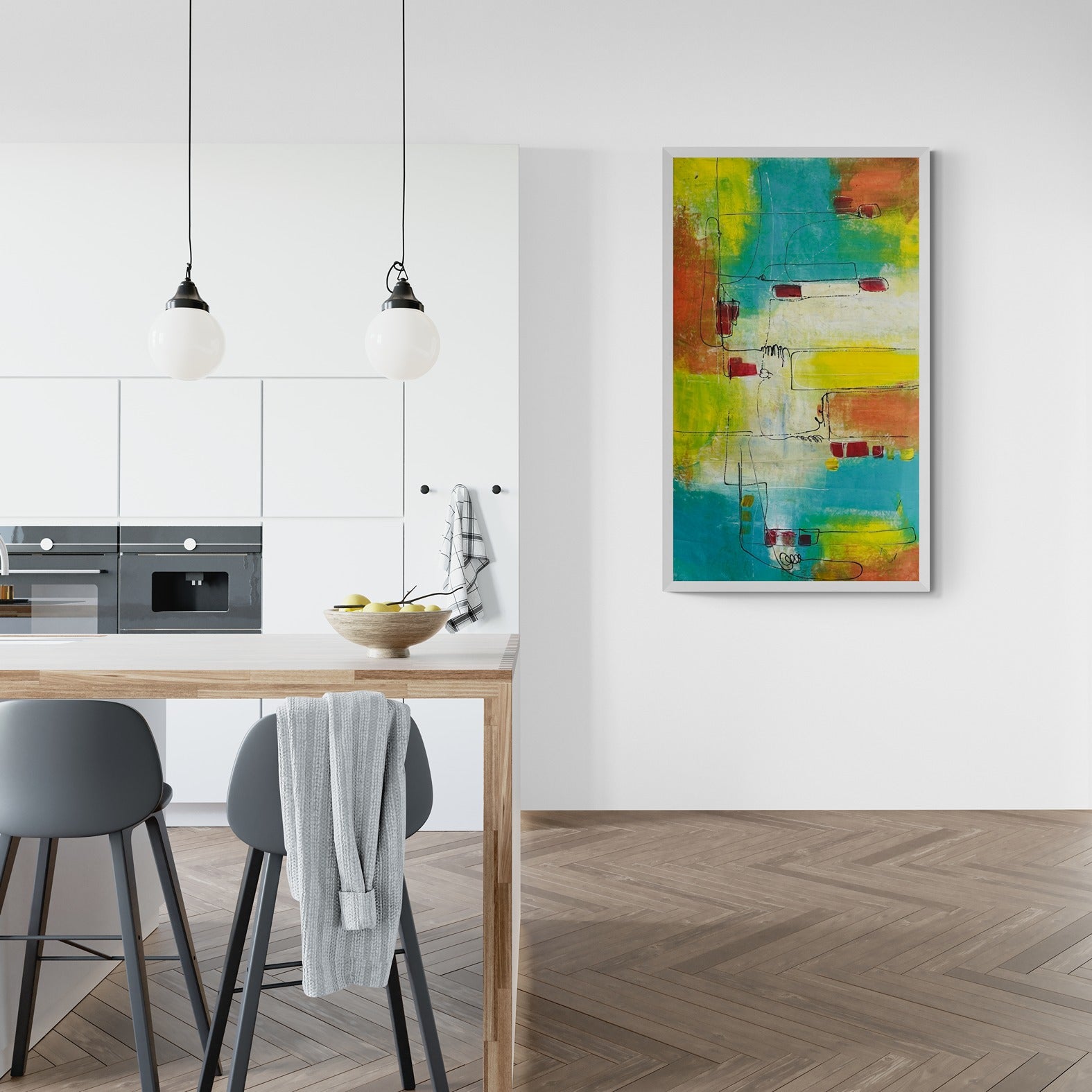 Add flair to your contemporary kitchen with a striking large original hand-painted abstract canvas wall art, ideal for accentuating the adjacent feature wall.