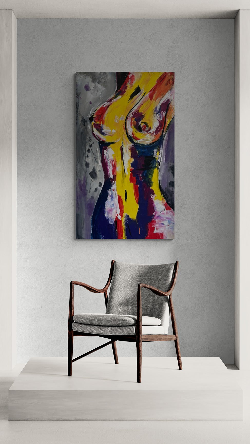 Retro armchair complements the large original hand-painted abstract canvas wall art, enhancing the room's vintage ambiance with its unique charm.
