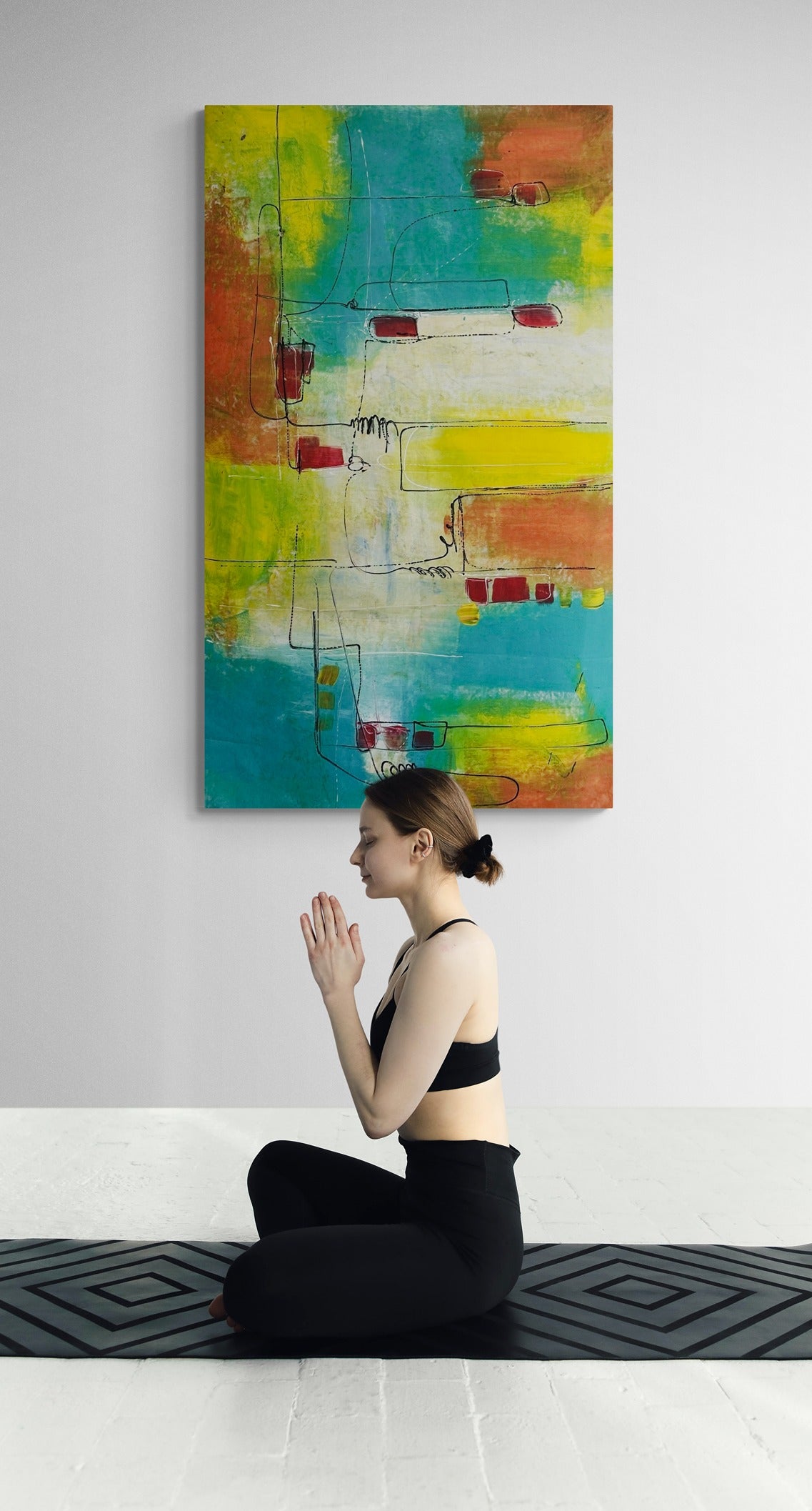 Captivating large original hand-painted abstract canvas wall art featuring a young woman meditating, perfect for creating a tranquil atmosphere.