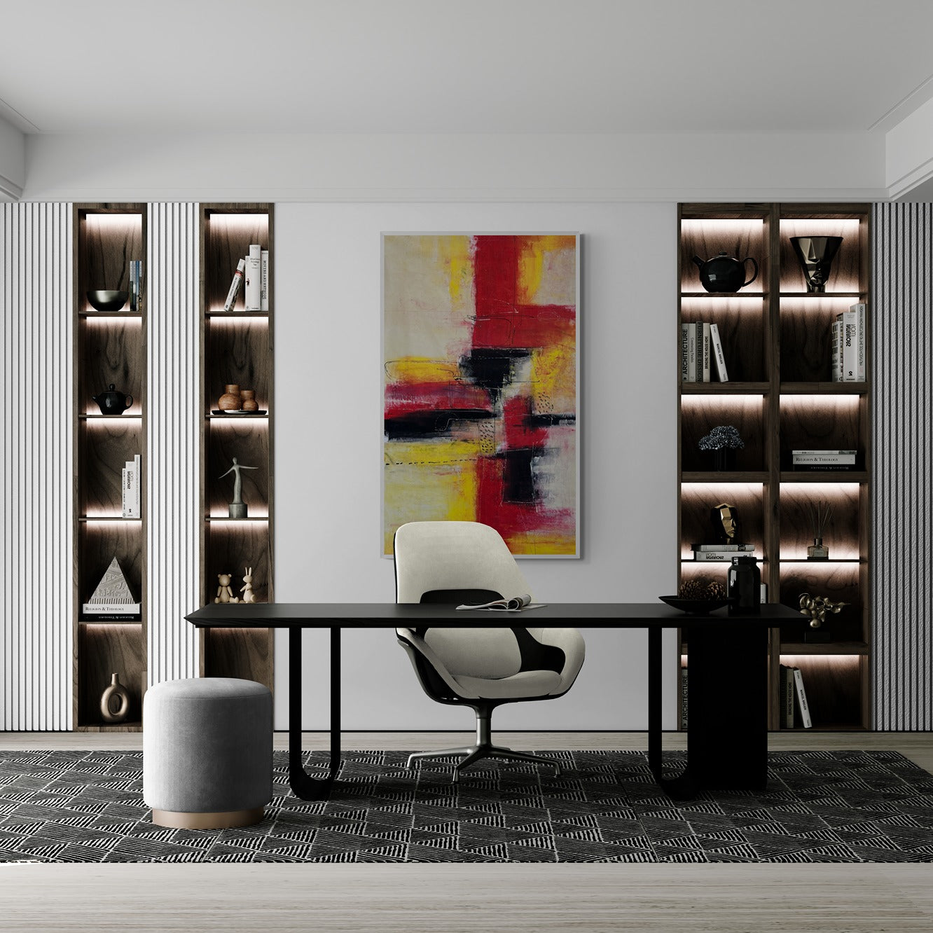 Large abstract hand painted wall art inside a modern office with backlit shelves