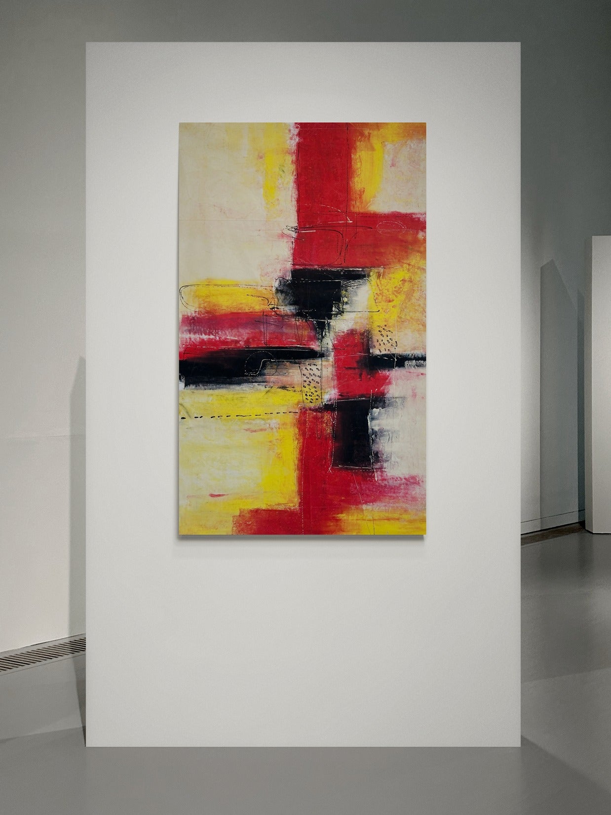 Original hand painted large wall art inside hanging on a white wall inside a gallery 
