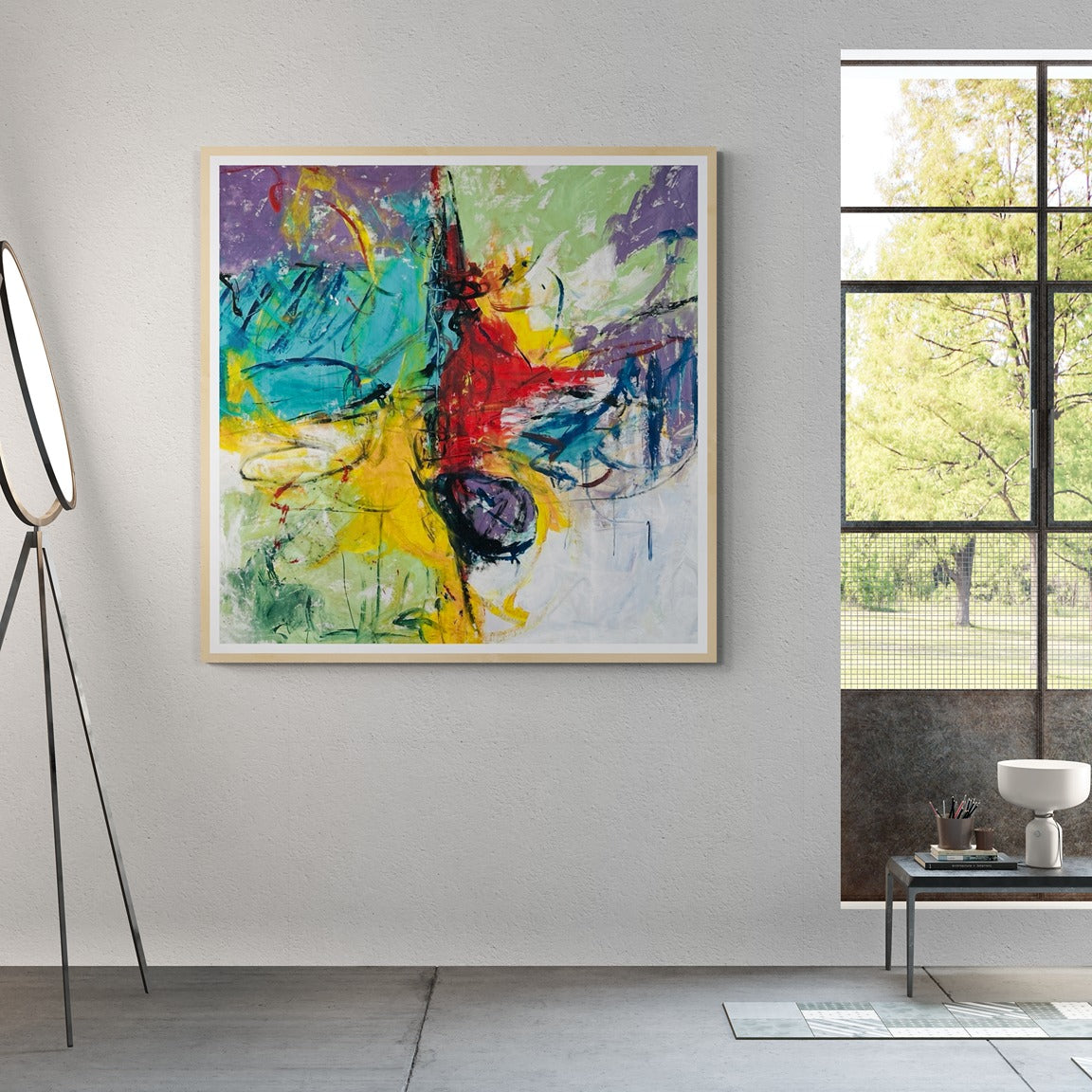 An image of a large hand-painted canvas displaying abstract wall art.