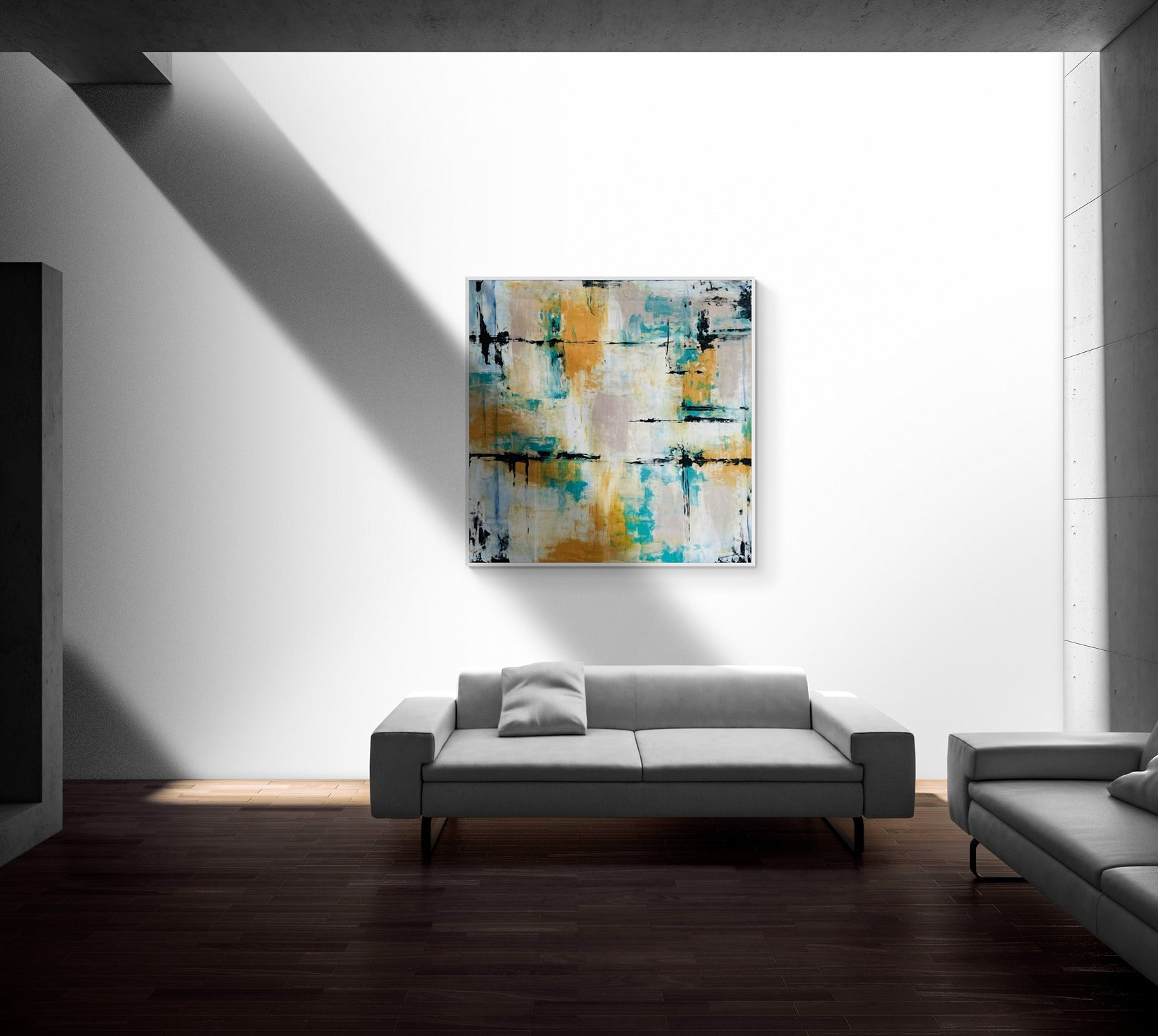 Modern wall art in an industrial-style living room