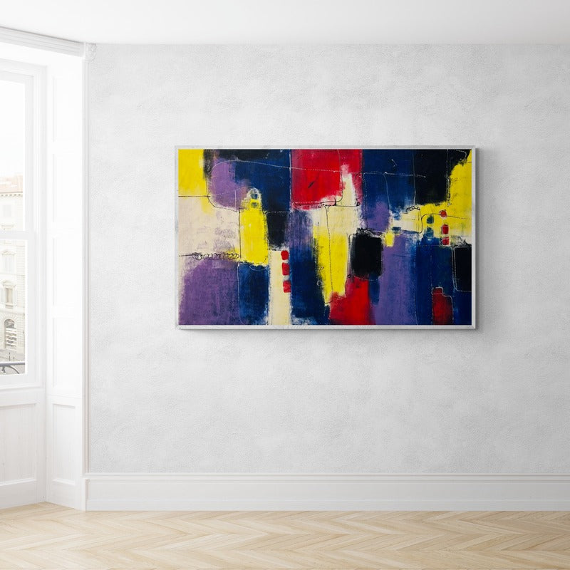 Original hand-painted abstract canvas wall art displayed on a bare interior wall, adding artistic depth and personality to the space.