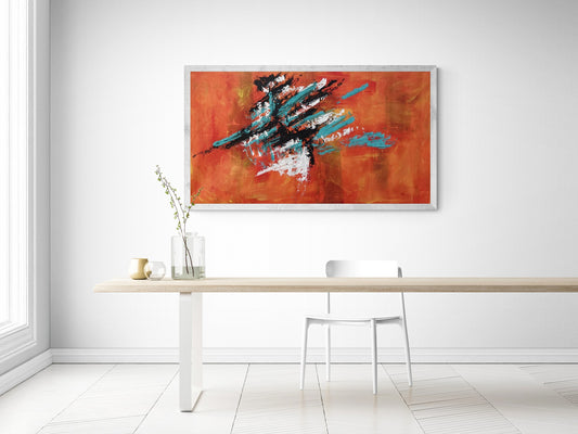 Original hand-painted abstract canvas wall art enriches the ambiance of a bright and minimalist dining room, adding a touch of artistic sophistication to the space.
