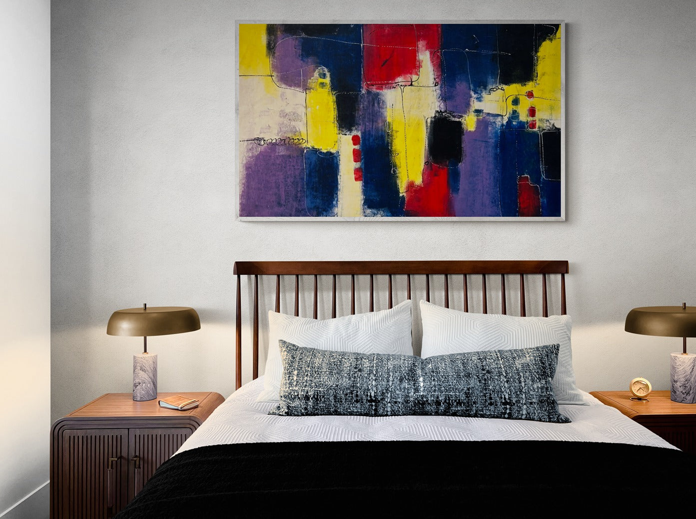 Original hand-painted abstract canvas wall art brings vibrancy to the room, placed above a comfortable bed with a wooden headboard, creating a serene and stylish atmosphere.