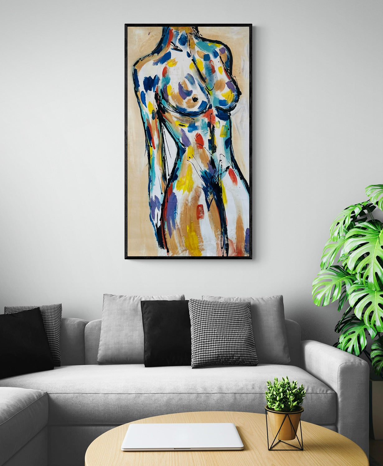 Original hand-painted abstract canvas wall art complements the cozy corner sofa in a well-lit living room, adding artistic charm to the space.