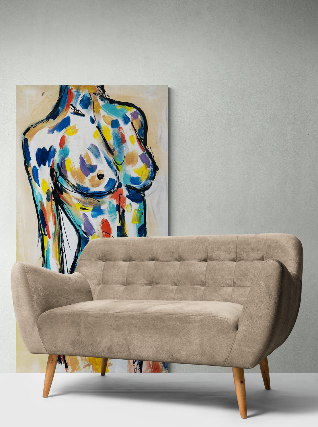 riginal hand-painted abstract canvas wall art accentuates the comfort of a suede 2-seater sofa in a cozy living space, adding artistic allure to the room.