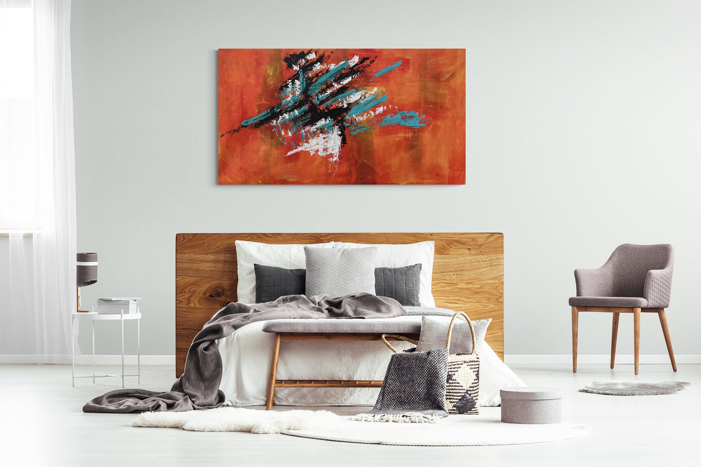 Original hand-painted abstract canvas wall art graces the walls of an elegant modern bedroom interior, enhancing the ambiance with its artistic charm and sophistication.