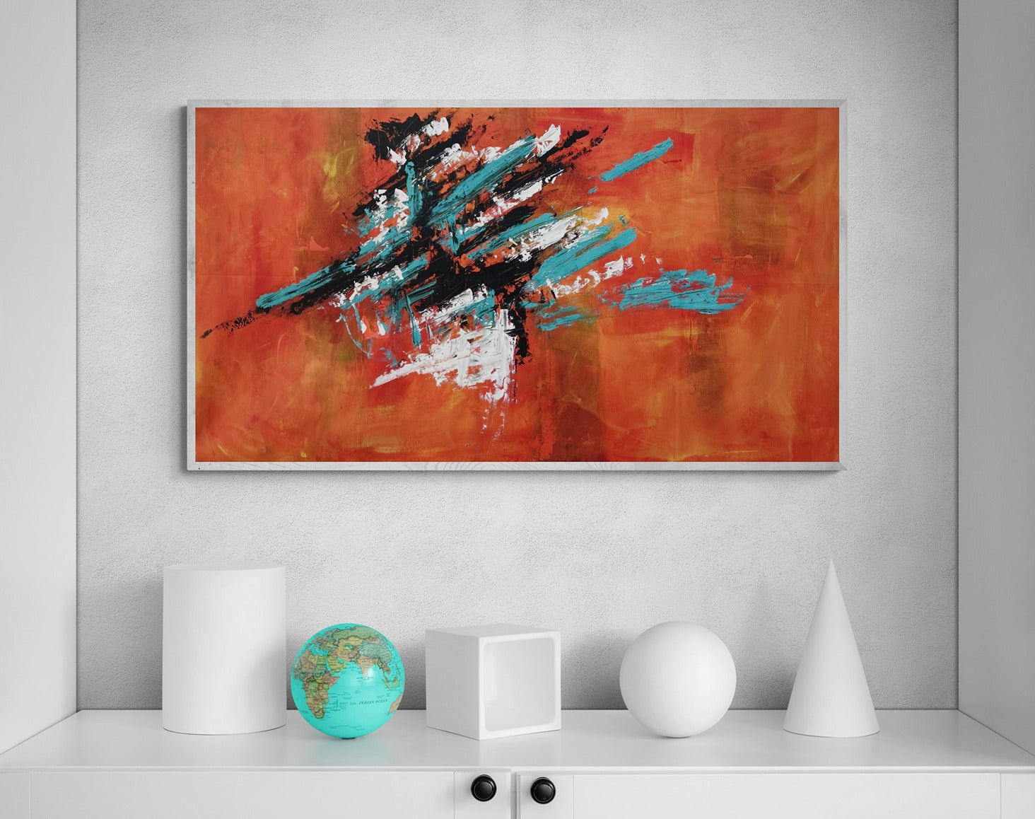 Original hand-painted abstract canvas wall art showcases white geometric shapes on a cabinet, adding a modern and artistic touch to the decor.
