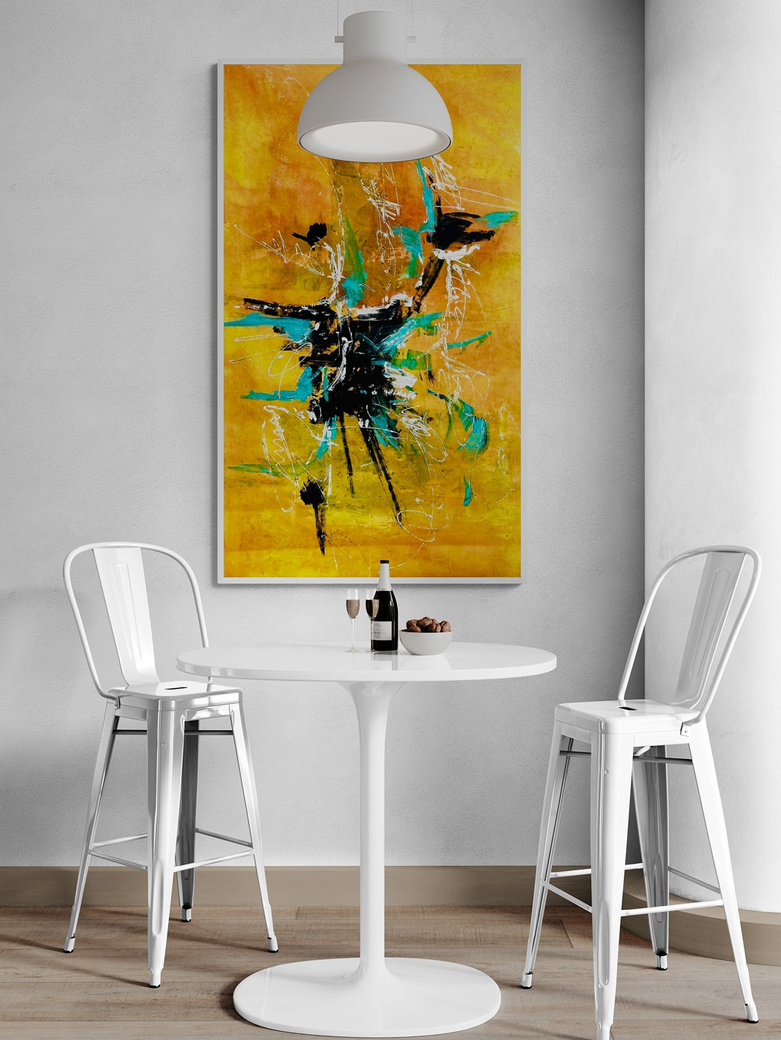 Relaxing bar area with metal stools featuring vertical orange canvas wall art abstract.